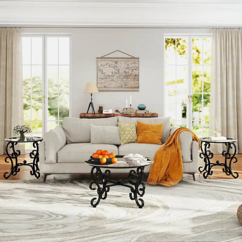 3-Piece Tempered Glass Coffee Table Set with Round Side Tables
