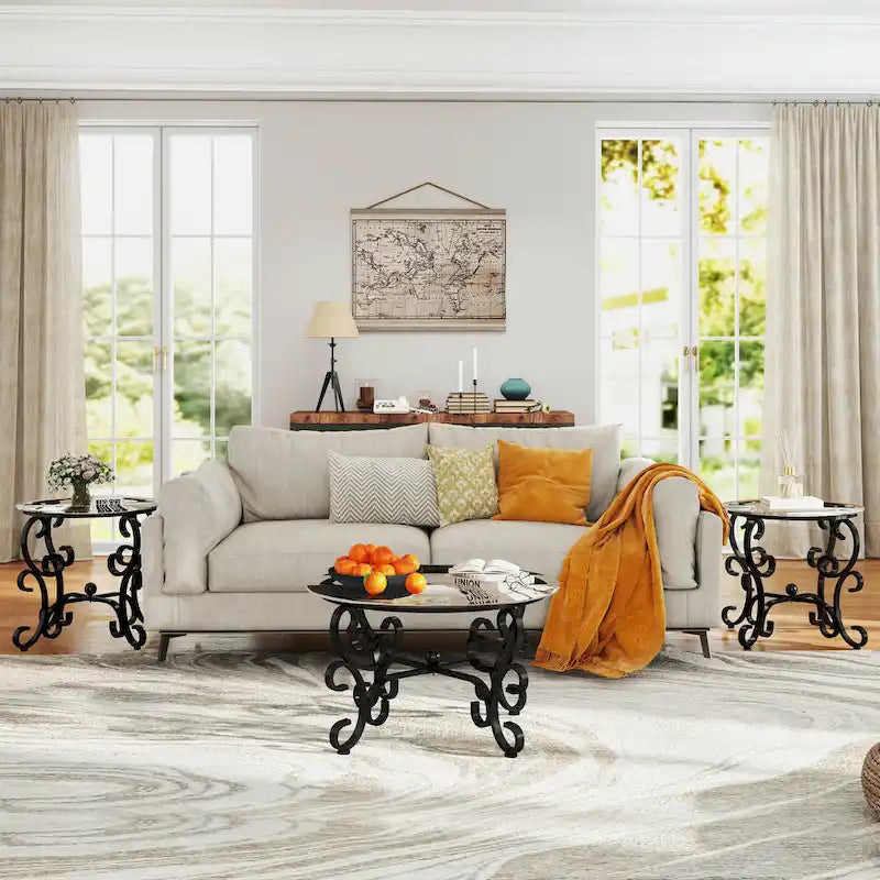 3-Piece Tempered Glass Coffee Table Set with Round Side Tables