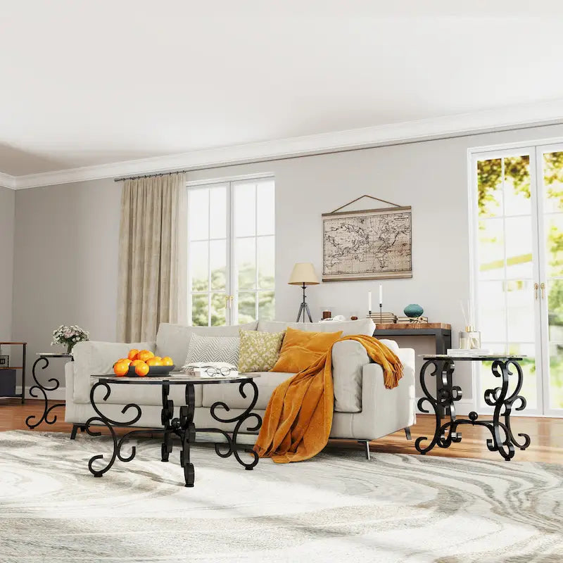 3-Piece Tempered Glass Coffee Table Set with Round Side Tables