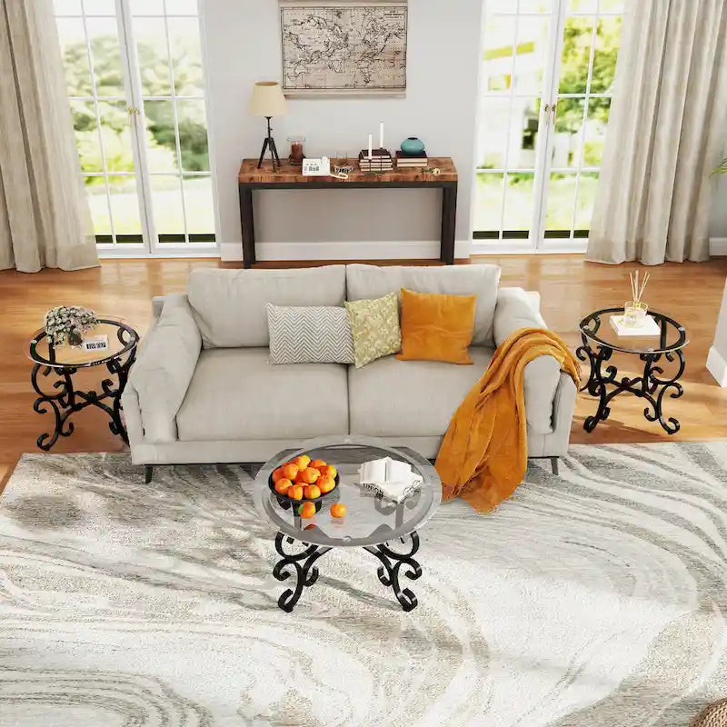 3-Piece Tempered Glass Coffee Table Set with Round Side Tables