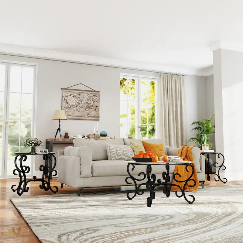 3-Piece Tempered Glass Coffee Table Set with Round Side Tables