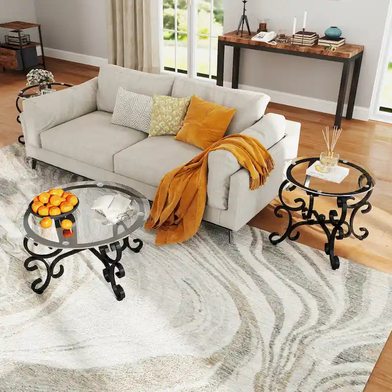 3-Piece Tempered Glass Coffee Table Set with Round Side Tables