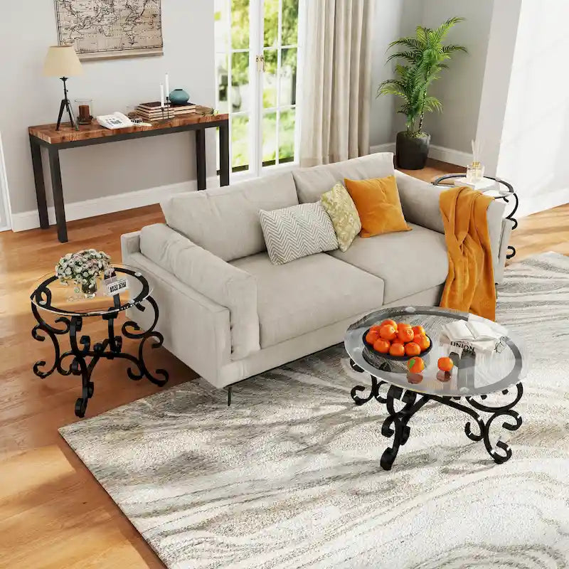 3-Piece Tempered Glass Coffee Table Set with Round Side Tables