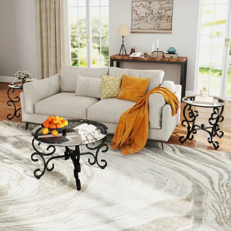 3-Piece Tempered Glass Coffee Table Set with Round Side Tables