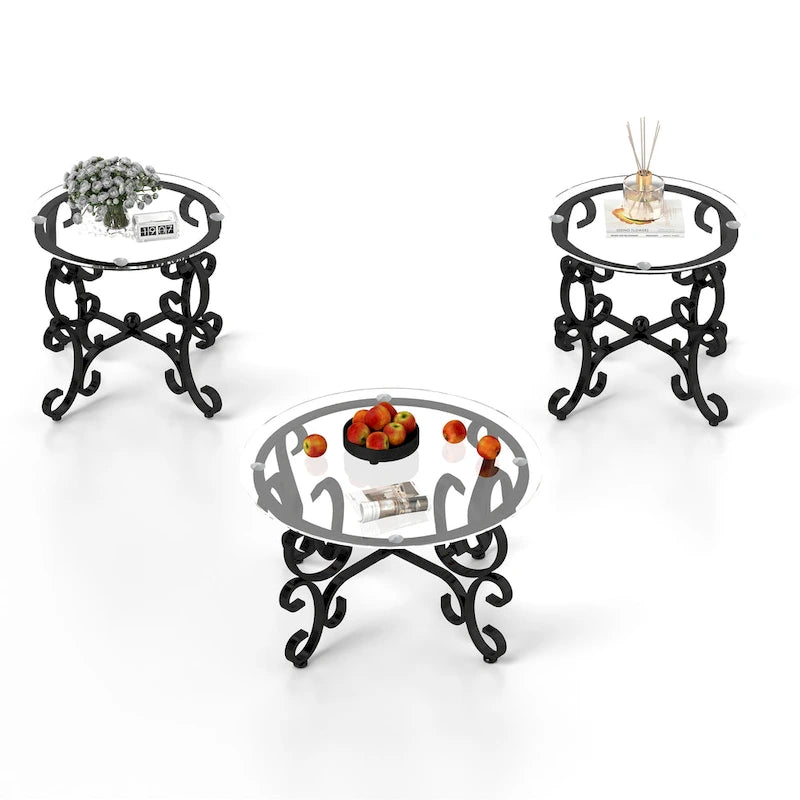 3-Piece Tempered Glass Coffee Table Set with Round Side Tables