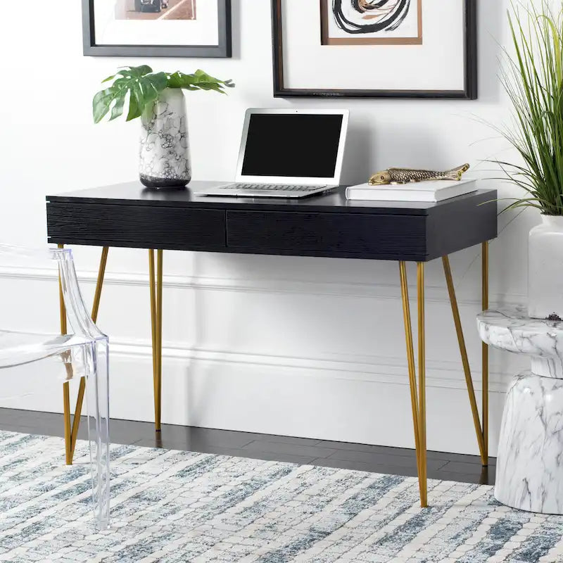 Modern Pine 2-Drawer Desk with Gold Hairpin Legs