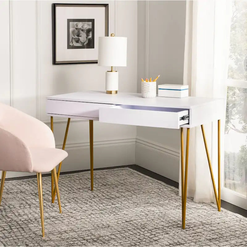 Modern Pine 2-Drawer Desk with Gold Hairpin Legs