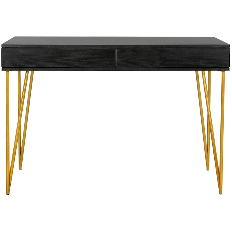 Modern Pine 2-Drawer Desk with Gold Hairpin Legs