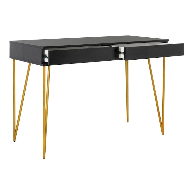 Modern Pine 2-Drawer Desk with Gold Hairpin Legs