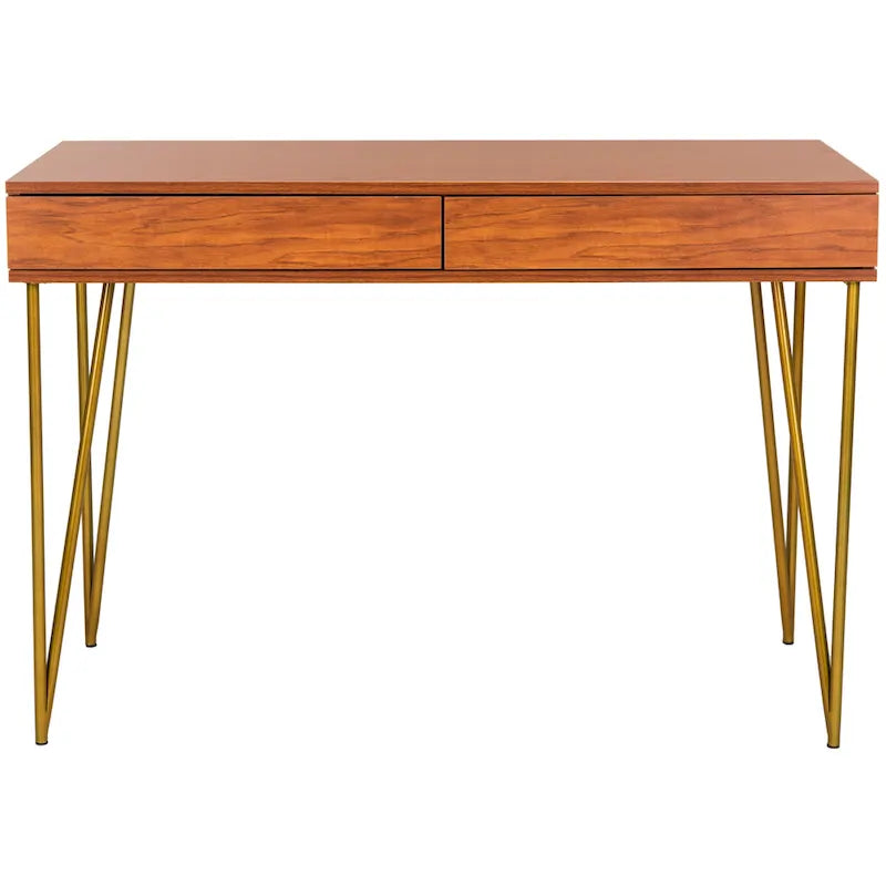 Modern Pine 2-Drawer Desk with Gold Hairpin Legs