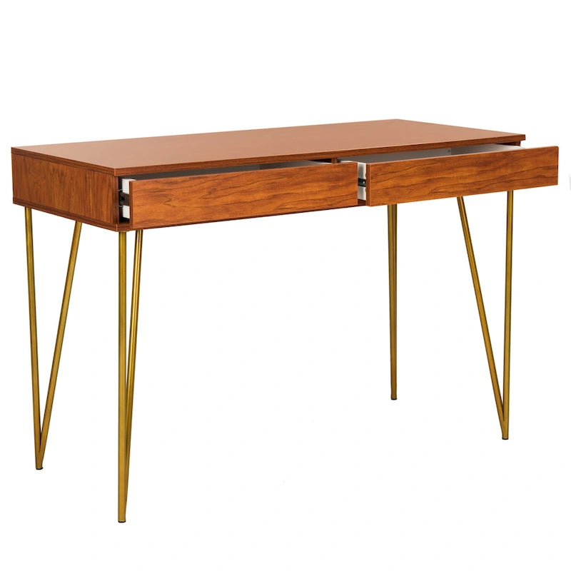 Modern Pine 2-Drawer Desk with Gold Hairpin Legs