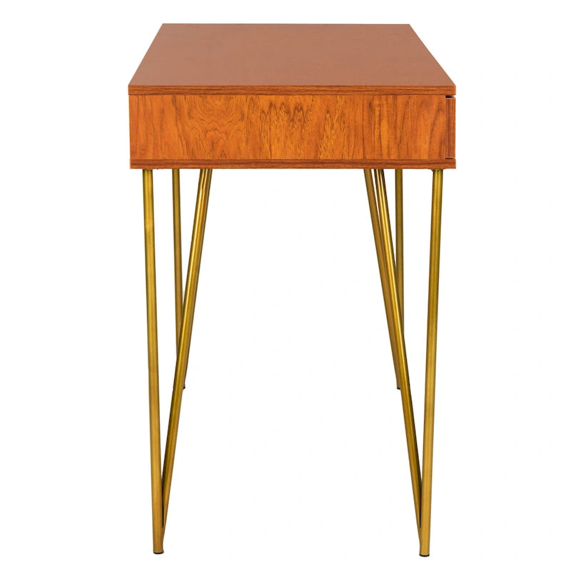 Modern Pine 2-Drawer Desk with Gold Hairpin Legs