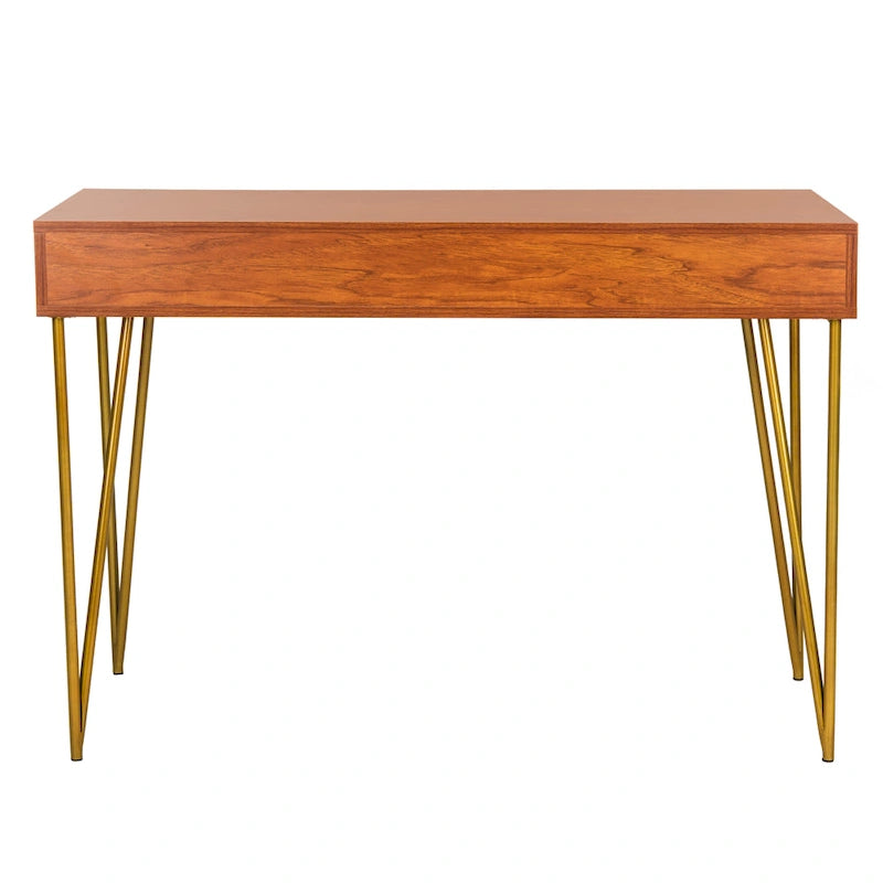 Modern Pine 2-Drawer Desk with Gold Hairpin Legs