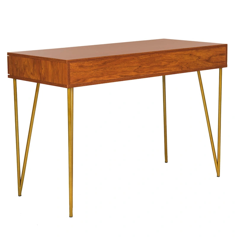 Modern Pine 2-Drawer Desk with Gold Hairpin Legs