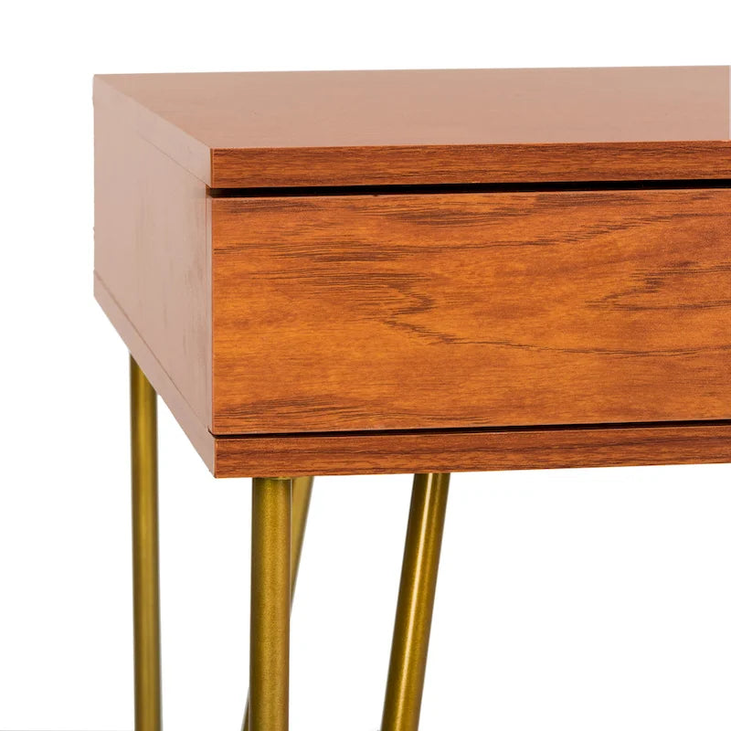 Modern Pine 2-Drawer Desk with Gold Hairpin Legs