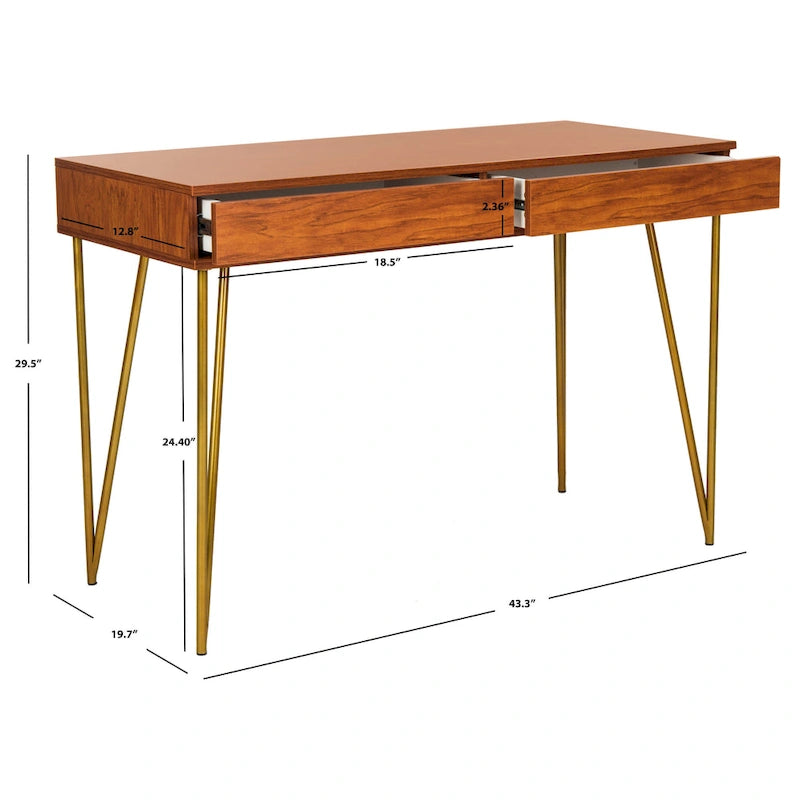 Modern Pine 2-Drawer Desk with Gold Hairpin Legs