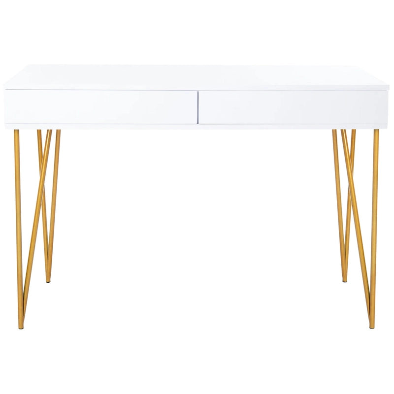 Modern Pine 2-Drawer Desk with Gold Hairpin Legs