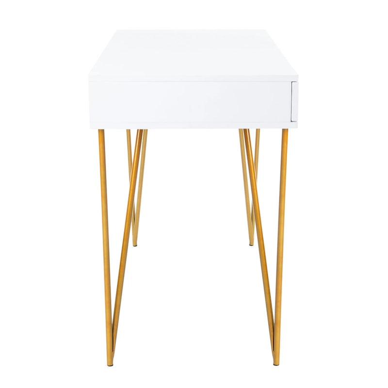 Modern Pine 2-Drawer Desk with Gold Hairpin Legs