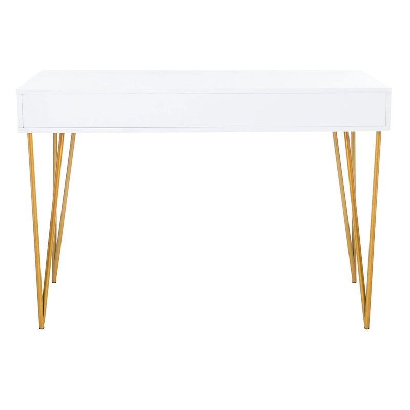 Modern Pine 2-Drawer Desk with Gold Hairpin Legs