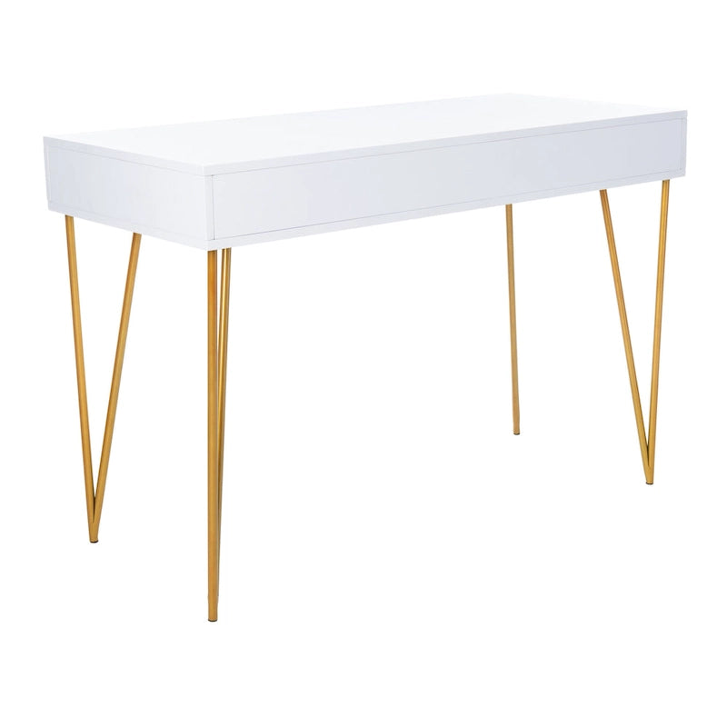 Modern Pine 2-Drawer Desk with Gold Hairpin Legs