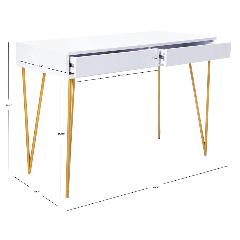 Modern Pine 2-Drawer Desk with Gold Hairpin Legs
