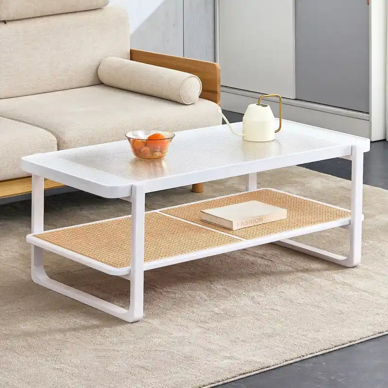 White Farmhouse Coffee Table with Two Open Shelves