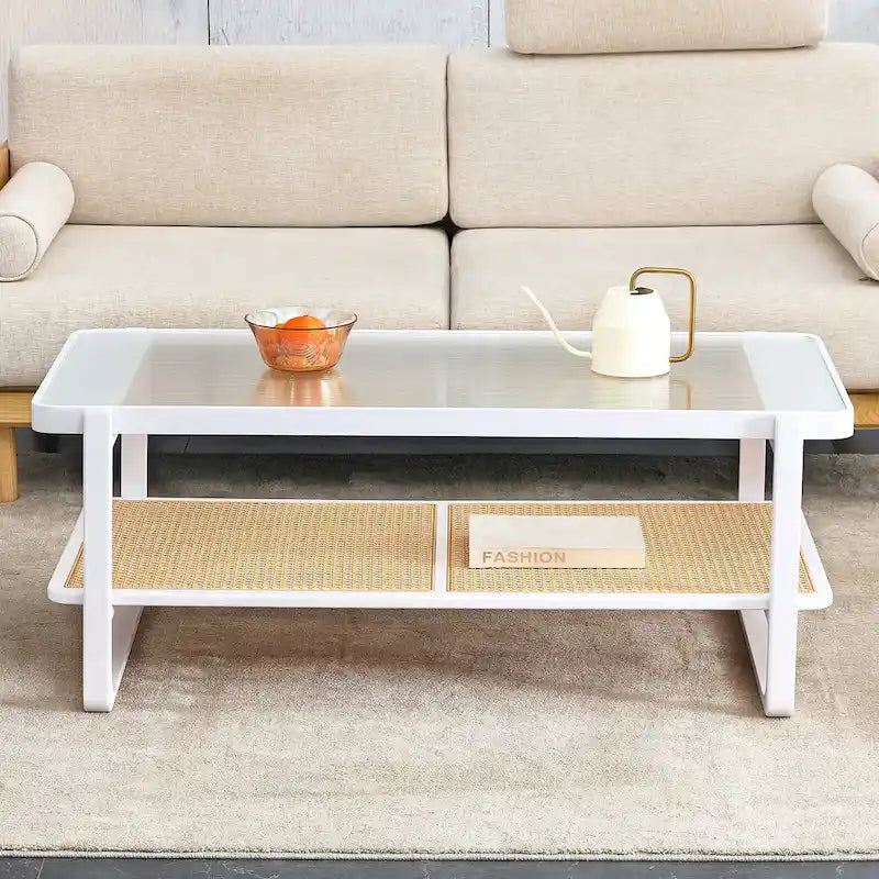 White Farmhouse Coffee Table with Two Open Shelves