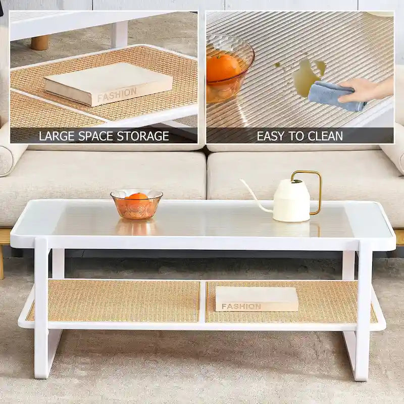 White Farmhouse Coffee Table with Two Open Shelves