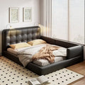 Upholstered Platform Bed with 2 Built-in Reading Lights, Queen Size PU Bed Frame Floor Bed with Button Tufted Design Headboard