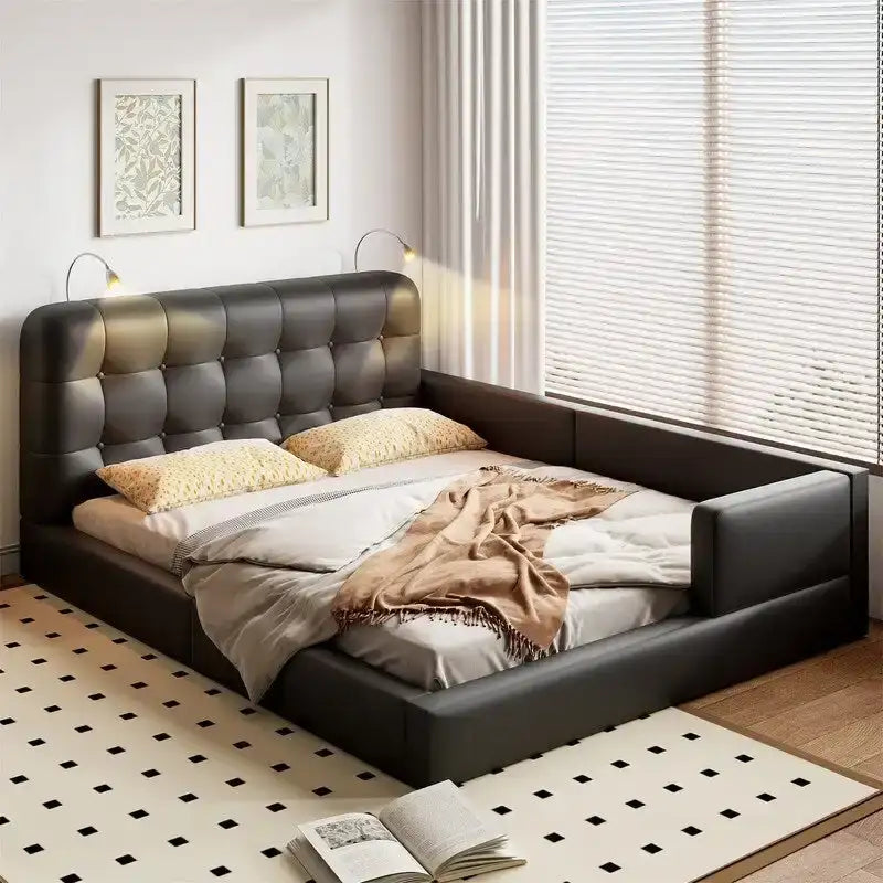 Upholstered Platform Bed with 2 Built-in Reading Lights, Queen Size PU Bed Frame Floor Bed with Button Tufted Design Headboard