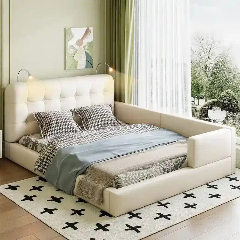 Upholstered Platform Bed with 2 Built-in Reading Lights, Queen Size PU Bed Frame Floor Bed with Button Tufted Design Headboard
