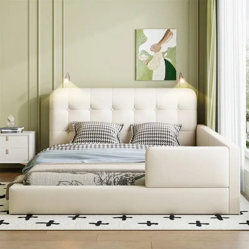 Upholstered Platform Bed with 2 Built-in Reading Lights, Queen Size PU Bed Frame Floor Bed with Button Tufted Design Headboard