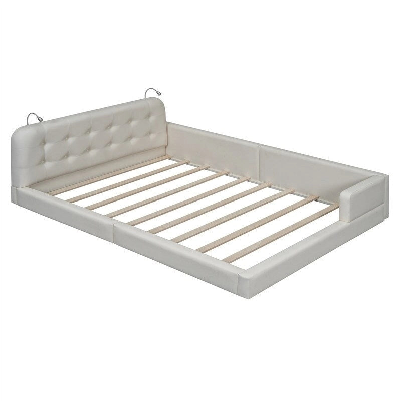 Upholstered Platform Bed with 2 Built-in Reading Lights, Queen Size PU Bed Frame Floor Bed with Button Tufted Design Headboard
