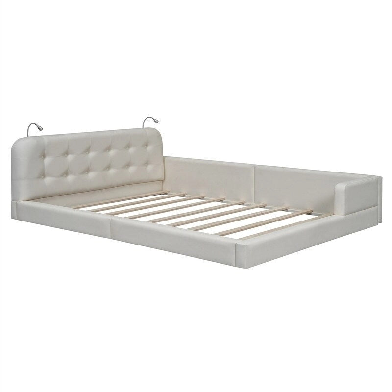 Upholstered Platform Bed with 2 Built-in Reading Lights, Queen Size PU Bed Frame Floor Bed with Button Tufted Design Headboard