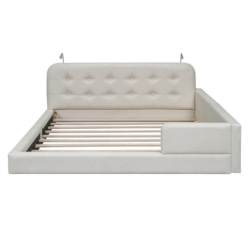 Upholstered Platform Bed with 2 Built-in Reading Lights, Queen Size PU Bed Frame Floor Bed with Button Tufted Design Headboard