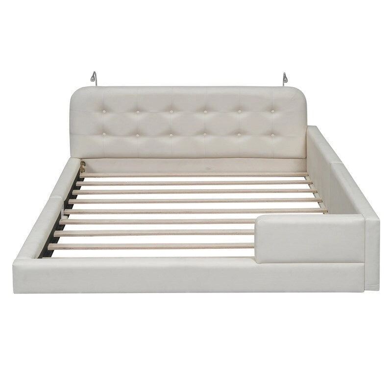 Upholstered Platform Bed with 2 Built-in Reading Lights, Queen Size PU Bed Frame Floor Bed with Button Tufted Design Headboard