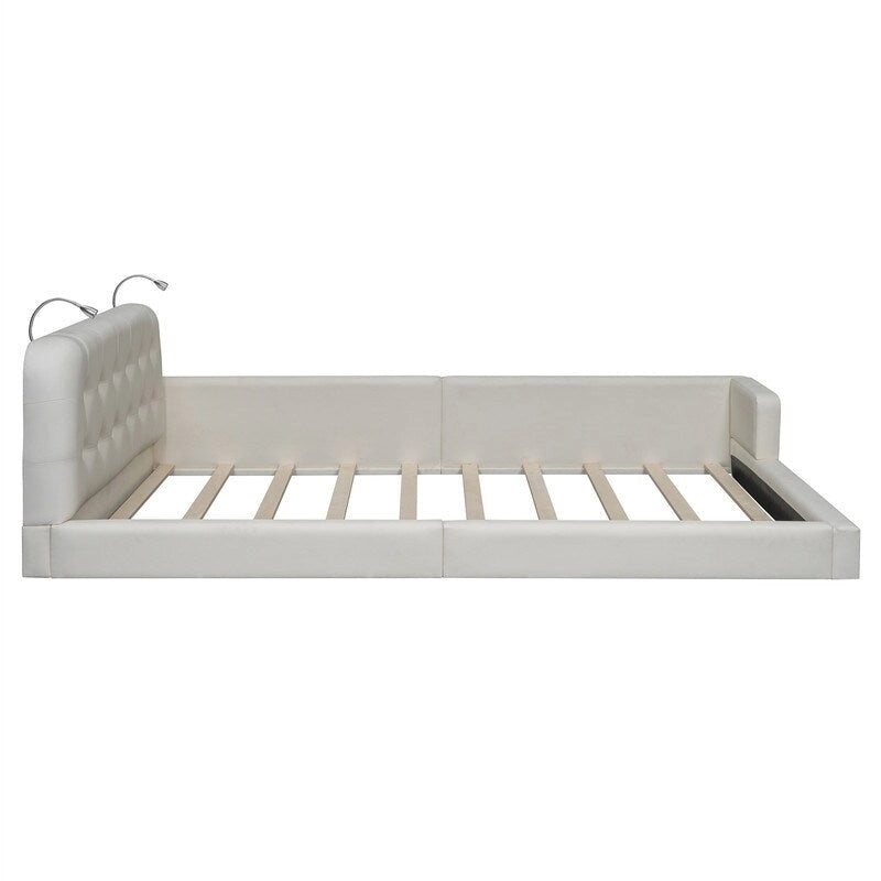 Upholstered Platform Bed with 2 Built-in Reading Lights, Queen Size PU Bed Frame Floor Bed with Button Tufted Design Headboard