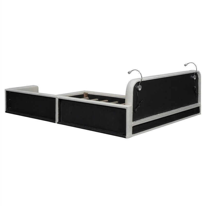 Upholstered Platform Bed with 2 Built-in Reading Lights, Queen Size PU Bed Frame Floor Bed with Button Tufted Design Headboard