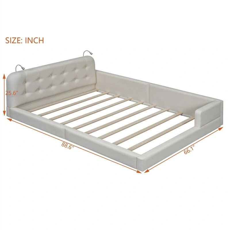 Upholstered Platform Bed with 2 Built-in Reading Lights, Queen Size PU Bed Frame Floor Bed with Button Tufted Design Headboard