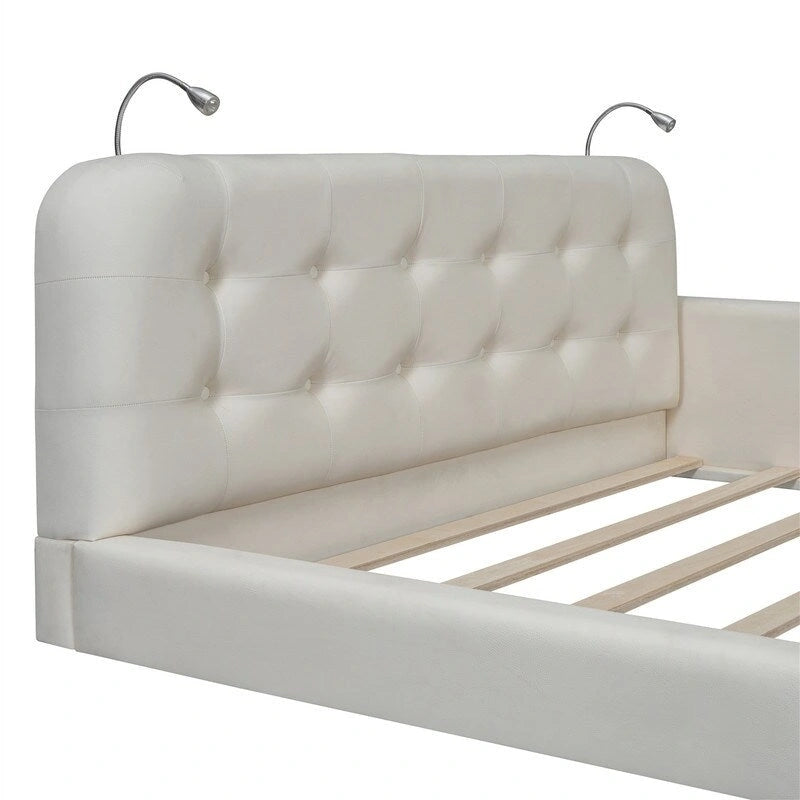 Upholstered Platform Bed with 2 Built-in Reading Lights, Queen Size PU Bed Frame Floor Bed with Button Tufted Design Headboard