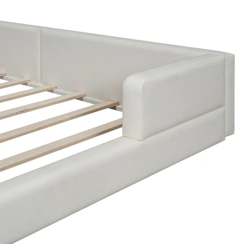 Upholstered Platform Bed with 2 Built-in Reading Lights, Queen Size PU Bed Frame Floor Bed with Button Tufted Design Headboard