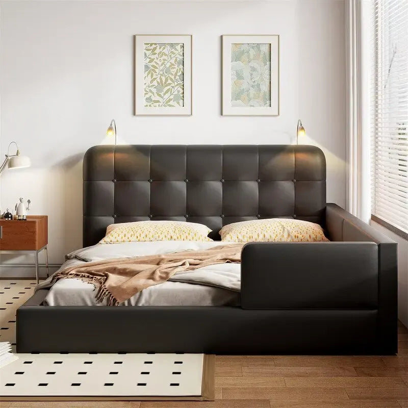 Upholstered Platform Bed with 2 Built-in Reading Lights, Queen Size PU Bed Frame Floor Bed with Button Tufted Design Headboard
