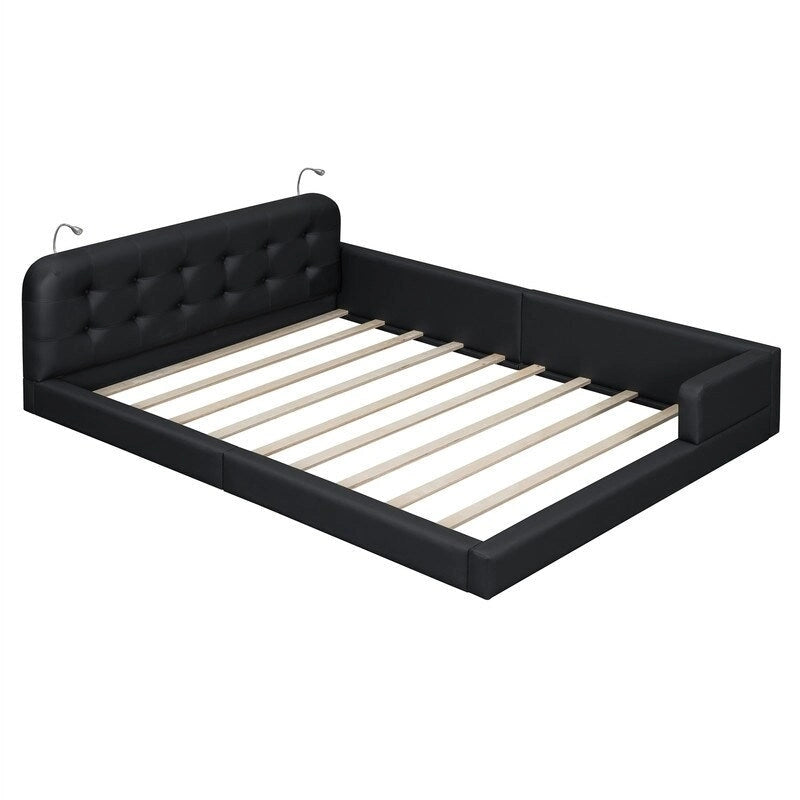 Upholstered Platform Bed with 2 Built-in Reading Lights, Queen Size PU Bed Frame Floor Bed with Button Tufted Design Headboard