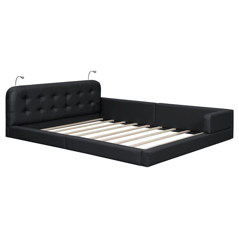 Upholstered Platform Bed with 2 Built-in Reading Lights, Queen Size PU Bed Frame Floor Bed with Button Tufted Design Headboard