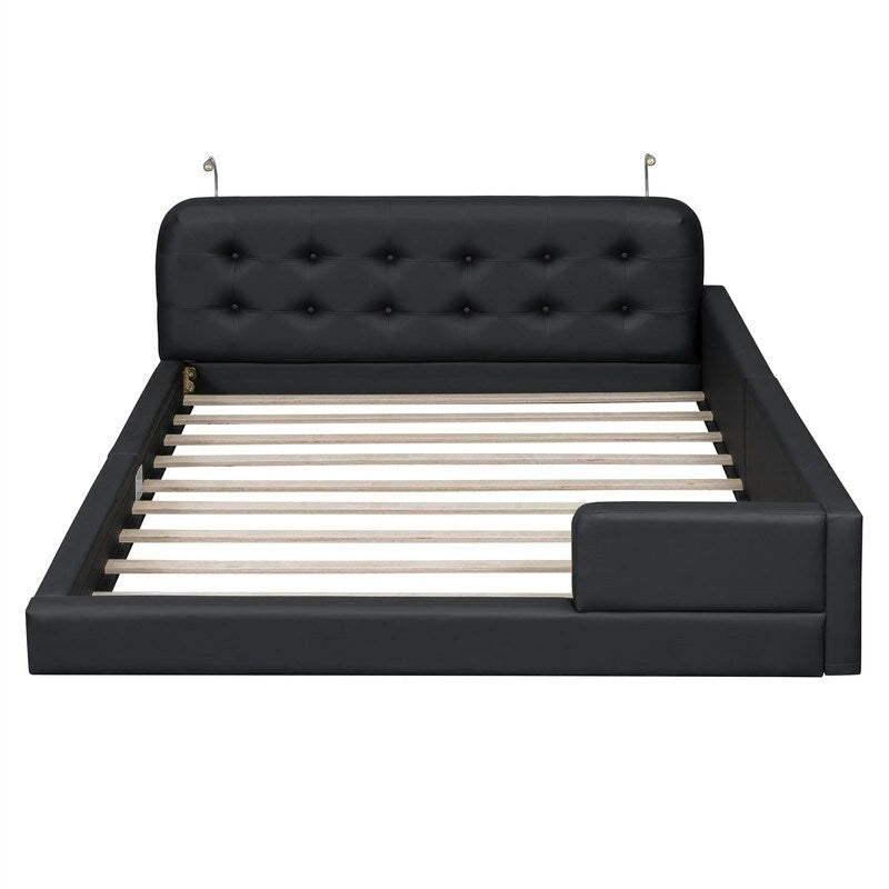 Upholstered Platform Bed with 2 Built-in Reading Lights, Queen Size PU Bed Frame Floor Bed with Button Tufted Design Headboard