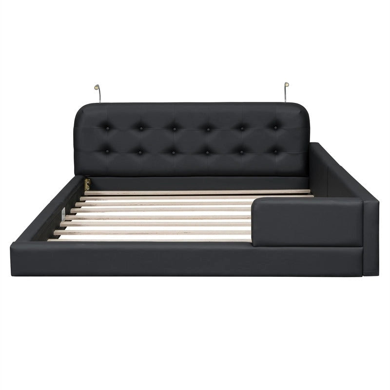 Upholstered Platform Bed with 2 Built-in Reading Lights, Queen Size PU Bed Frame Floor Bed with Button Tufted Design Headboard