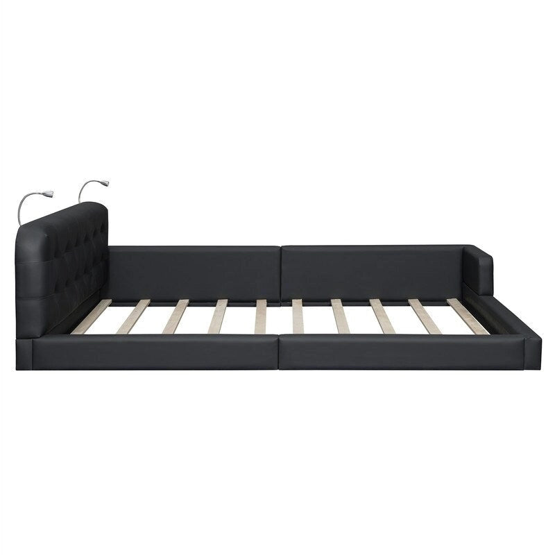 Upholstered Platform Bed with 2 Built-in Reading Lights, Queen Size PU Bed Frame Floor Bed with Button Tufted Design Headboard