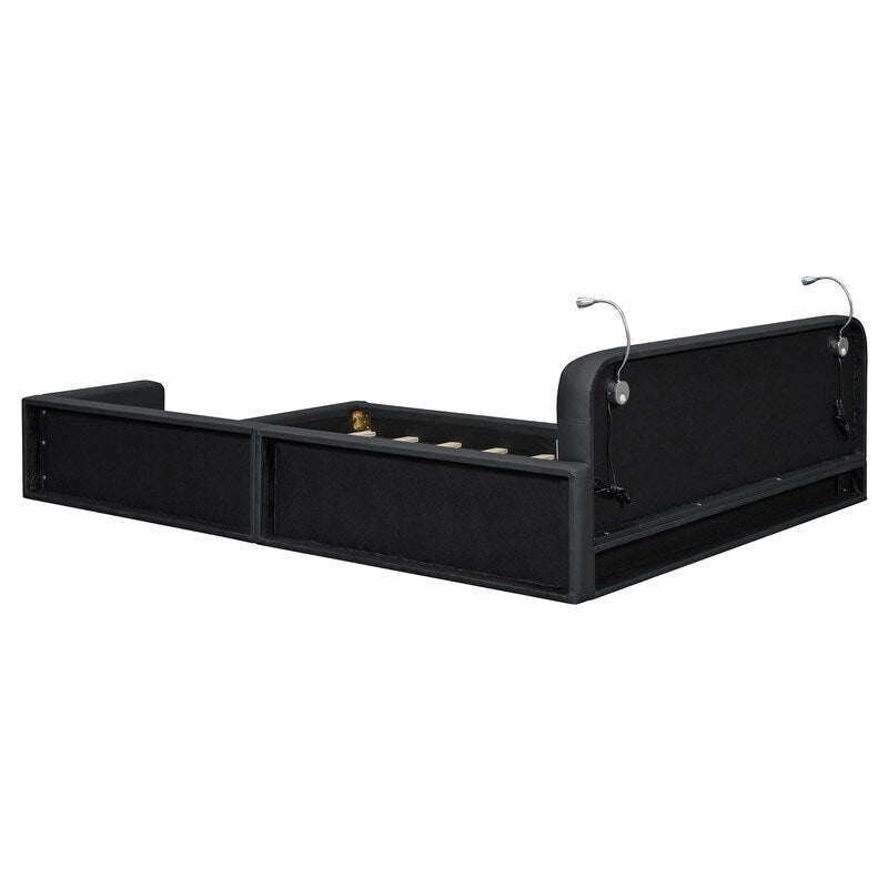 Upholstered Platform Bed with 2 Built-in Reading Lights, Queen Size PU Bed Frame Floor Bed with Button Tufted Design Headboard