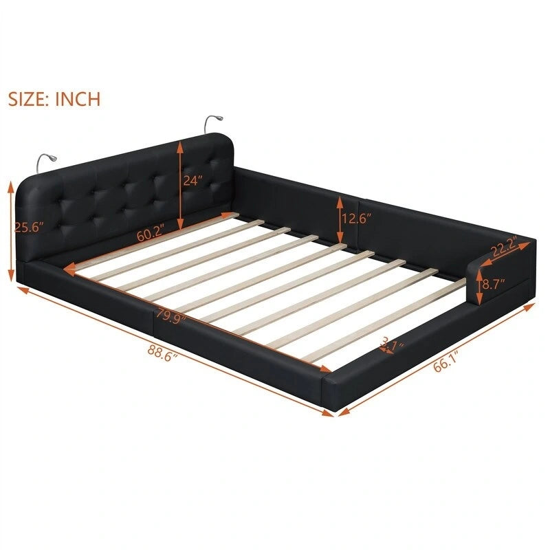 Upholstered Platform Bed with 2 Built-in Reading Lights, Queen Size PU Bed Frame Floor Bed with Button Tufted Design Headboard