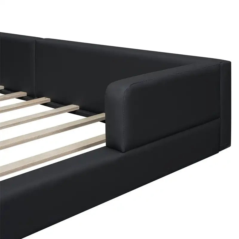 Upholstered Platform Bed with 2 Built-in Reading Lights, Queen Size PU Bed Frame Floor Bed with Button Tufted Design Headboard